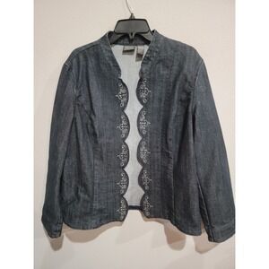 ADDITIONS BY CHICO'S Denim Jacket Embroidery Rhinestone Scallop Sz 2 Large